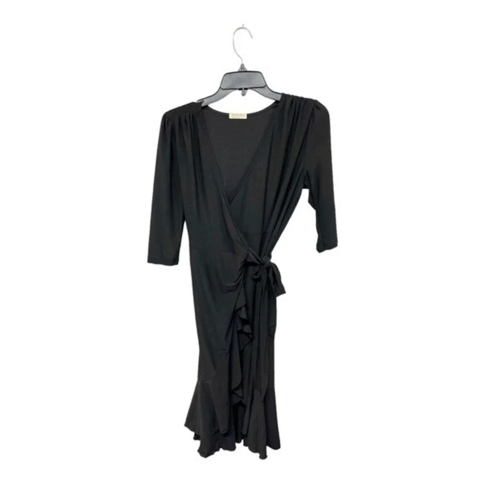 NWT Kiyonna | Whimsy Ruffle Wrap‎ Dress 3/4 Long Sleeve V Neck Black Noir S